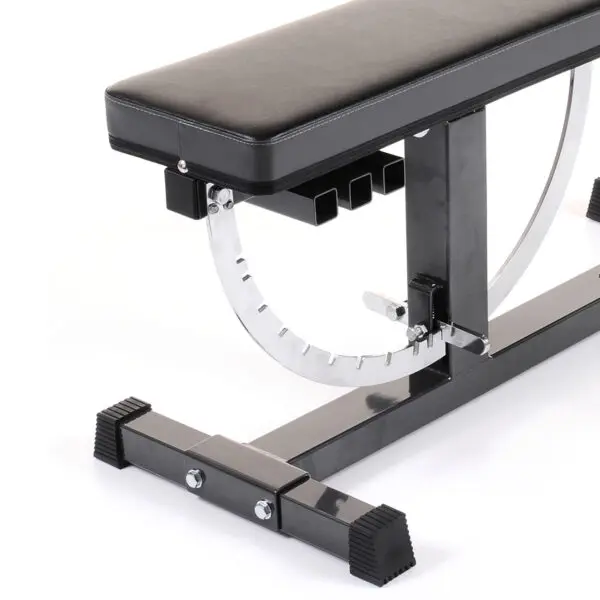 Close-up of the Ironmaster Super Weights Bench, featuring a black padded seat and metallic frame. With multiple angle settings and a sturdy base, it is ideal for various workouts.