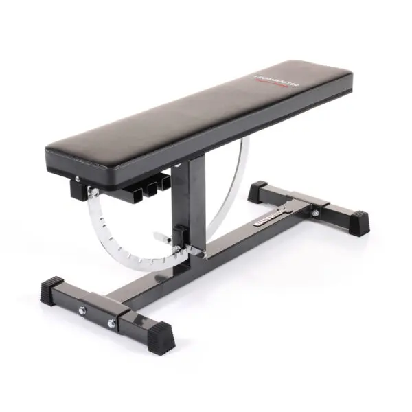 The Ironmaster Super Weights Bench is an adjustable, black weight bench set featuring a cushioned seat and backrest with a sturdy metal frame that offers multiple incline positions.