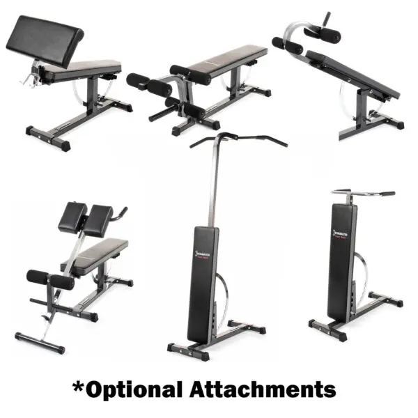 Discover the Ironmaster Super Weights Bench, featuring optional attachments like a weight bench set and a vertical pull-up station, each with adjustable features for versatile workouts.