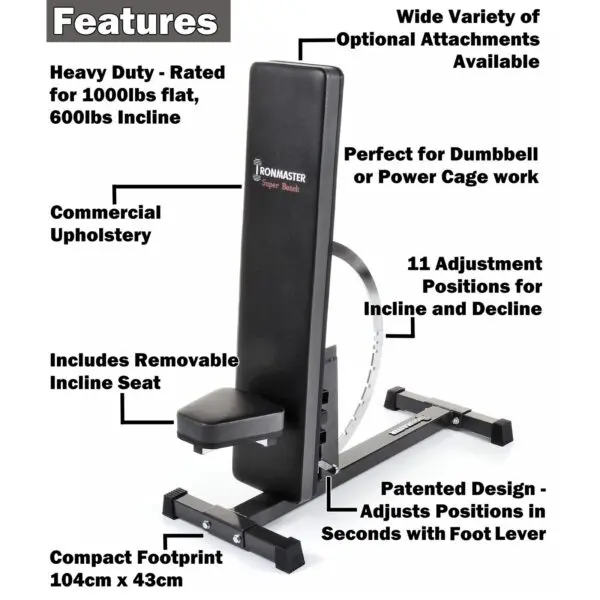 The Ironmaster Super Weights Bench boasts a black padded seat and backrest, heavy-duty construction, commercial upholstery, optional attachments, removable incline seat, 11 adjustment positions, compact footprint, and patented design.
