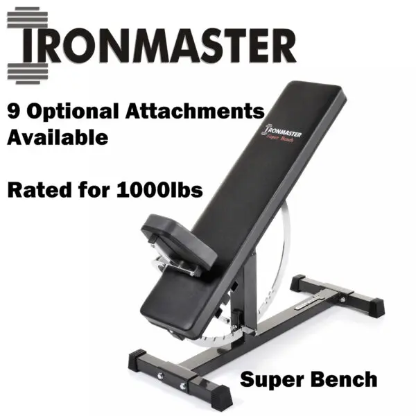 This image features the Ironmaster Super Weights Bench, boasting a 1000 lbs capacity as part of a versatile weight bench set. It includes nine optional attachments and proudly displays the Ironmaster logo on its sleek black design against a white backdrop.