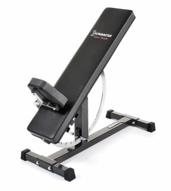 The Ironmaster Super Weights Bench, with black padding and a sturdy metal frame, features an incline setting and branding on the backrest. Its sleek, compact design ensures stability with rubber grips on the base.