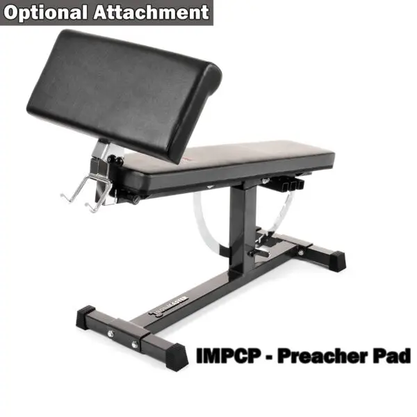 The Ironmaster Super Weights Bench includes an optional preacher pad, labeled Optional Attachment. Its sleek black design offers comfortable padding on both the bench and pad for versatile workouts, with the base featuring the distinct IMPCP - Preacher Pad text.