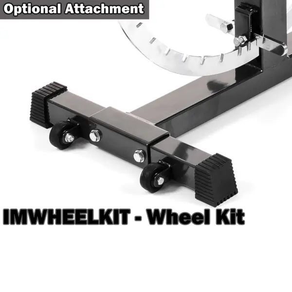 The Ironmaster Super Weights Bench includes a black metal wheel kit for machinery or equipment, featuring attached wheels. The image displays the text IMWHEELKIT - Wheel Kit in bold.