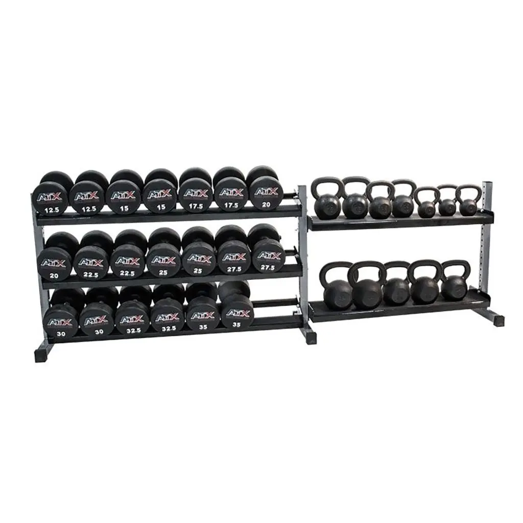 A Kettlebell and Dumbbell 300cm Rack featuring metal construction with four shelves holds various kettlebells on the right and numbered weighted balls on the left.