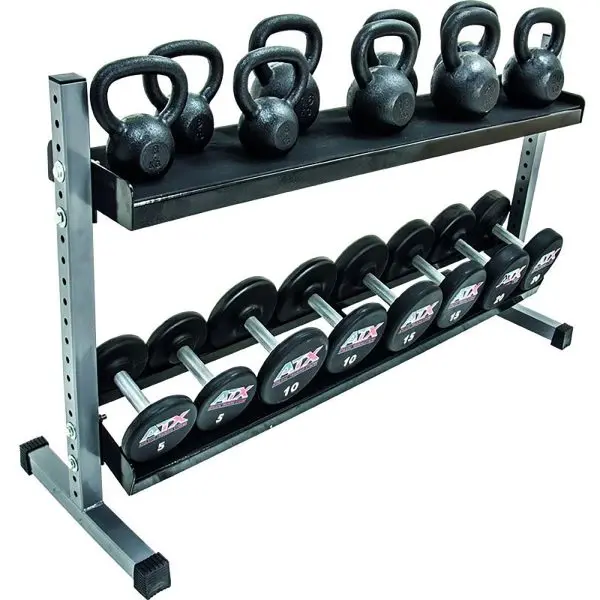 The Kettlebell and Dumbbell 300cm Rack features a two-tier design, holding five black kettlebells on the top shelf and six black and silver dumbbells on the bottom, organized by size and weight.