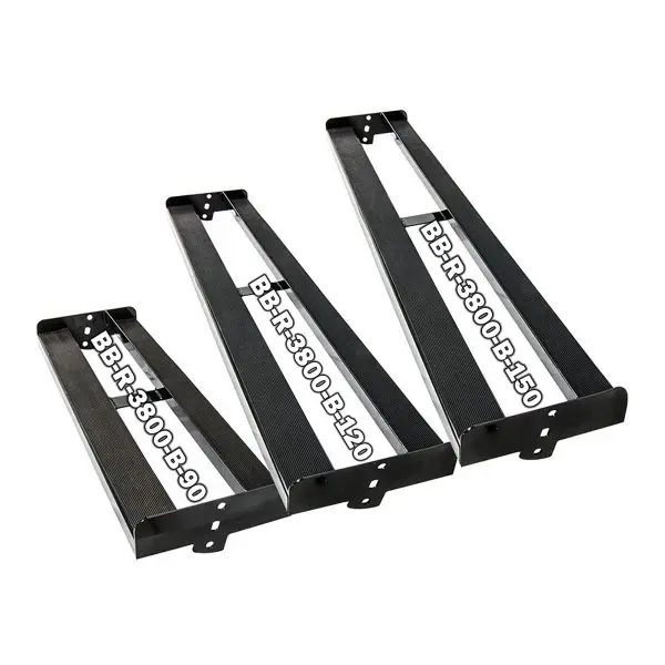 Three Kettlebell and Dumbbell 300cm Racks are labeled BBR-300-B-90, BBR-300-B-120, and BBR-300-B-150. They feature long perforated strips and are arranged in ascending order of size from left to right.