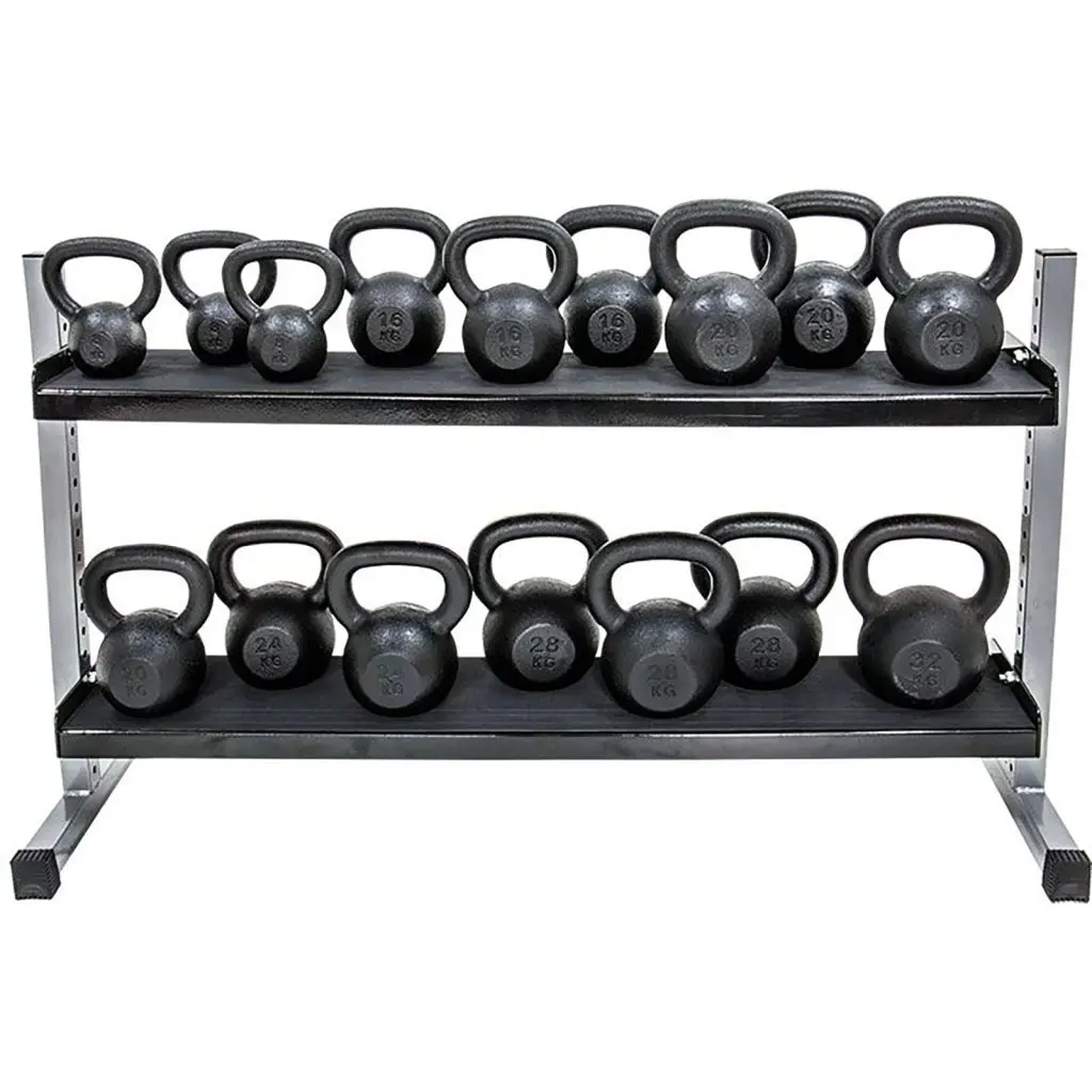 A silver metal rack with black shelves, named Kettlebell and Dumbbell 300cm Rack, neatly holds black kettlebells of varying weights labeled in pounds and kilograms on two organized levels.