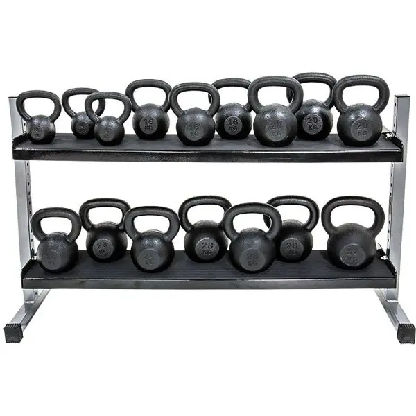 A silver metal rack with black shelves, named Kettlebell and Dumbbell 300cm Rack, neatly holds black kettlebells of varying weights labeled in pounds and kilograms on two organized levels.