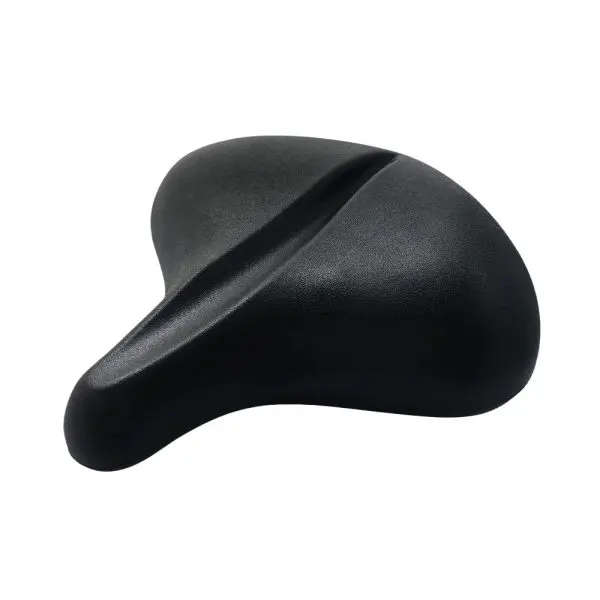 Black ergonomic bike seat with a smooth, streamlined design and subtle contour for enhanced comfort and support.
