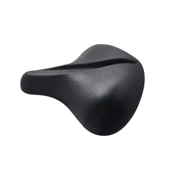 A black bicycle seat with a wide, cushioned design and a central groove for comfort. The seat has a contoured shape, suitable for enhancing rider comfort on long rides.