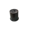 Black cylindrical object with a small groove on the top, placed against a plain white background.