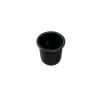 A small, black, plastic cup with a smooth rim and a cylindrical shape is centered against a plain white background.