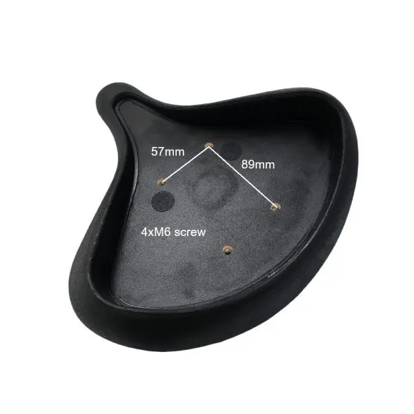 A black, curved plastic bracket with three measurement points marked: one at 57mm and another at 89mm, connected by lines. The text 4xM6 screw is written in white near the center.