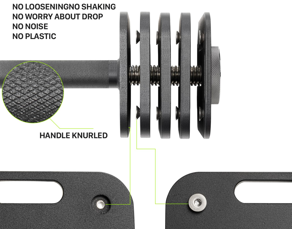 Exploded view of the Eisenlink Weight plates. Along with a a sample of the handle knurling