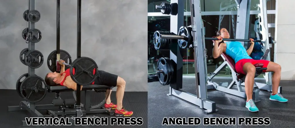 picture of two smith machines. One vertical and one angled. Both have someone doing a pressing movement.