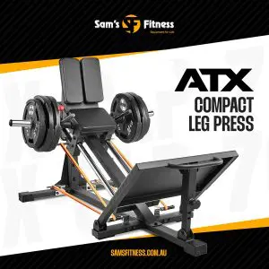 A black ATX compact leg press machine with weight plates and resistance bands is displayed on a white background. The Sam’s Fitness logo and website link are shown above and below the machine. Text reads: “ATX Compact Leg Press.”.