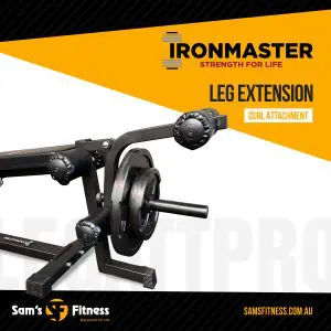A black Ironmaster leg extension curl attachment machine is displayed on a black and yellow background with LEG EXTENSION CURL ATTACHMENT text. Sams Fitness logo and website are at the bottom.