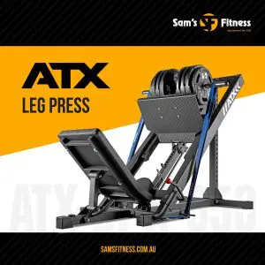 ATX leg press machine with several weight plates loaded, shown on a white and orange background with the Sams Fitness logo and website.