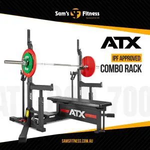 A black ATX combo rack with a bench press setup, loaded with red and green weight plates, displayed on a white background. Text reads ATX IPF Approved Combo Rack and features the Sam’s Fitness logo and website.