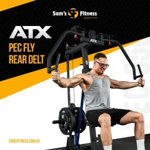 A man wearing glasses and a tank top uses an ATX pec fly and rear delt machine in a gym. The text reads ATX Pec Fly Rear Delt and Sams Fitness. The background is black and yellow with the website samsfitness.com.au.