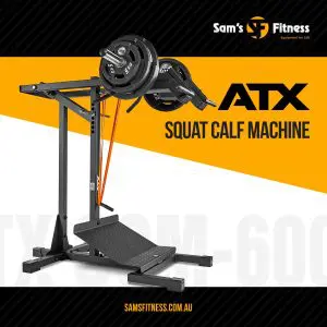A black ATX squat calf machine with weights and resistance bands is displayed against a white and orange background. The Sam’s Fitness logo and website are visible, with text reading ATX Squat Calf Machine.