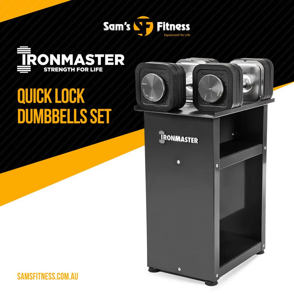 A pair of adjustable Ironmaster quick lock dumbbells sit on a black storage stand with the Ironmaster logo. The background features Sams Fitness branding and website, with yellow and black design accents.
