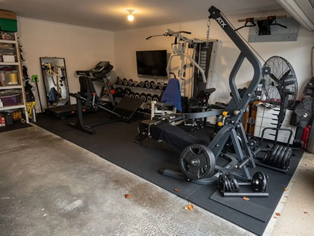 A home gym setup in a garage features various equipment, including a weight machine, treadmill, rowing machine, free weights, bench, wall-mounted TV, large fan, mirror, and storage shelves.