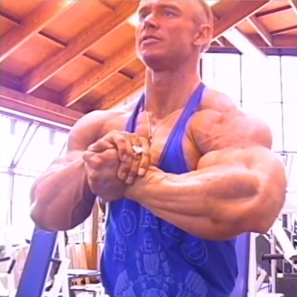 A muscular man in a blue tank top clasps his hands together in a gym, displaying his arm and shoulder muscles. Sunlight streams through large windows and a wooden ceiling above.