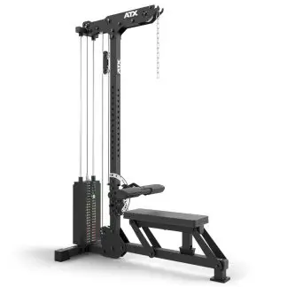 A black ATX cable machine with a weight stack, adjustable bench, pulleys, and a pull-down bar, designed for strength training exercises.
