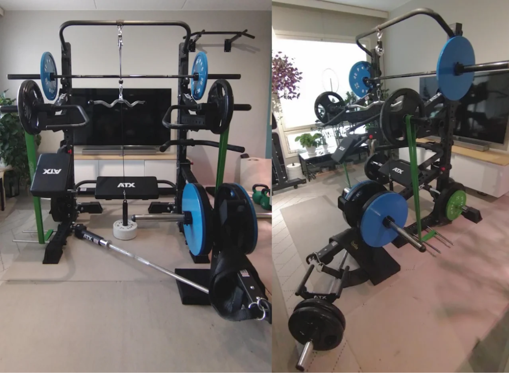 Two home gym setups with weight racks, barbells, plates, benches, and various gym equipment are shown in a bright room with large windows and a wall-mounted TV in the background.