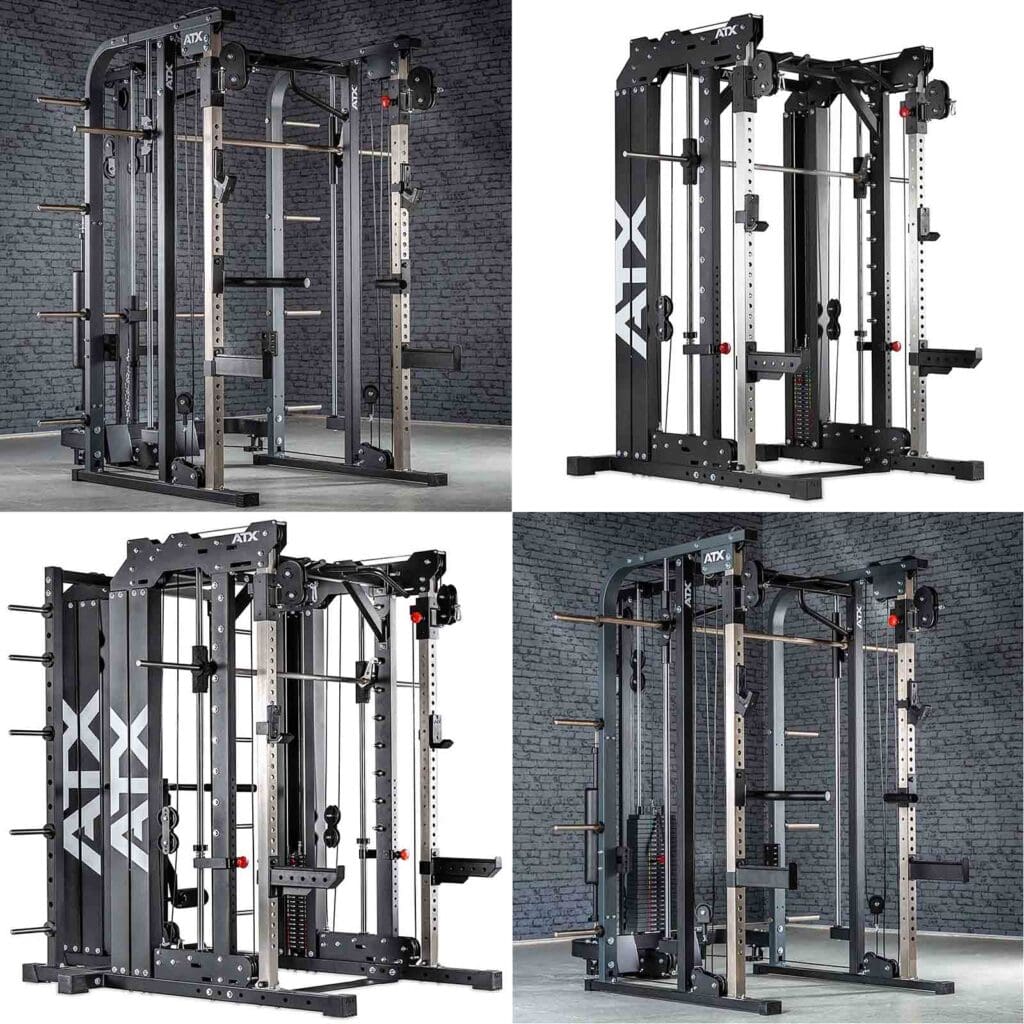 Four images of a multi-functional gym machine in a gray room. The equipment features pull-up bars, cable pulleys, and adjustable weights, suitable for various strength training exercises.