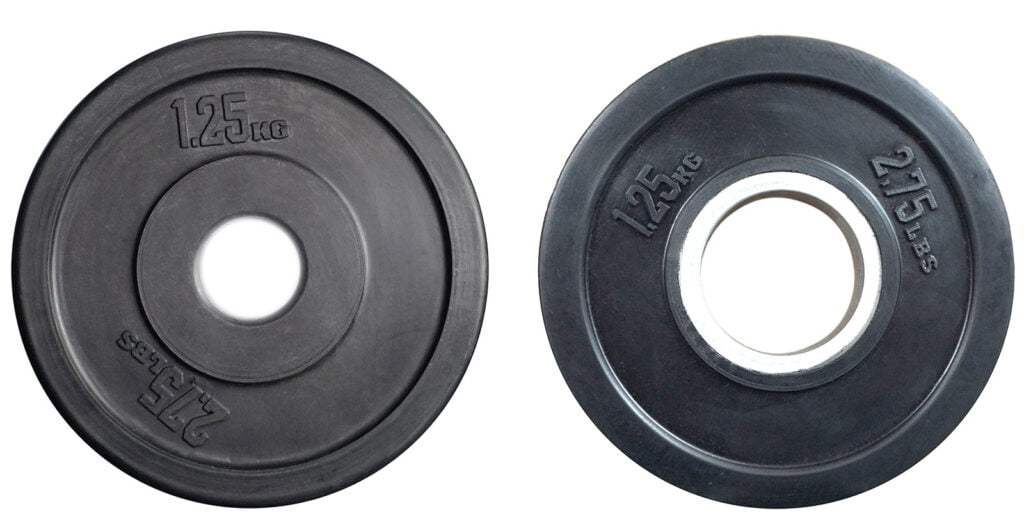 A standard 1.25kg plate compared to an Olympic 1.25kg weight plate
