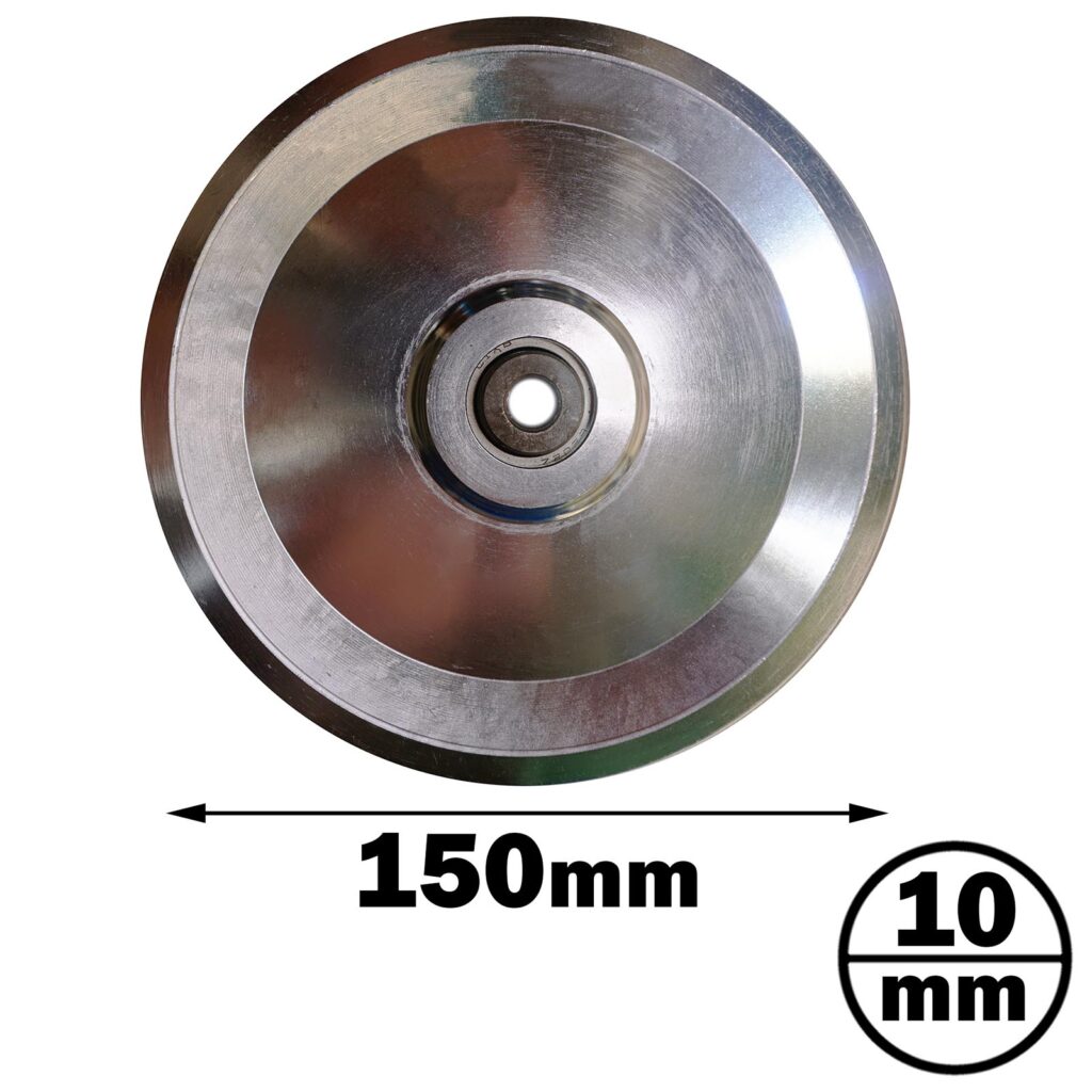 The product is a 150mm Aluminium Pulley, featuring a round metal wheel with a central hole, 150mm in diameter and 10mm thick, set against a white background.