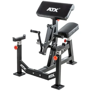 The ATX® Bicep Blaster Preacher Curl is a sleek black machine designed for seated workouts, featuring cushioned arm and seat pads. It offers adjustable settings and sturdy metal supports, making it perfect for strength training.