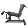 The ATX Leg Extension Leg Curl Machine boasts a black cushioned seat and backrest, leg rollers, and weights. This versatile gym bench doubles as a leg curl machine on a sturdy metal frame, ideal for diverse strength training exercises.