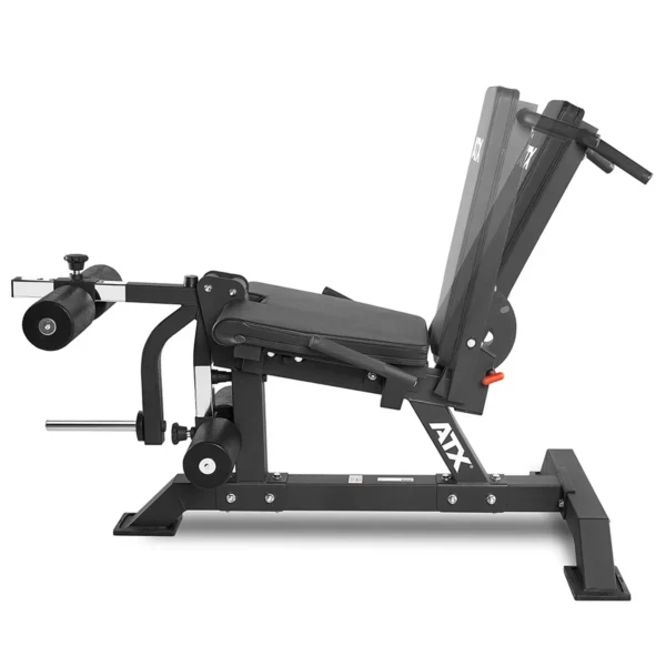 The ATX Leg Extension Leg Curl Machine boasts a black cushioned seat and backrest, leg rollers, and weights. This versatile gym bench doubles as a leg curl machine on a sturdy metal frame, ideal for diverse strength training exercises.