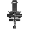 The ATX Leg Extension Leg Curl Machine is a black adjustable gym bench with padded leg support rollers and an adjustable backrest, ideal for lower body workouts. It stands upright against a white background.