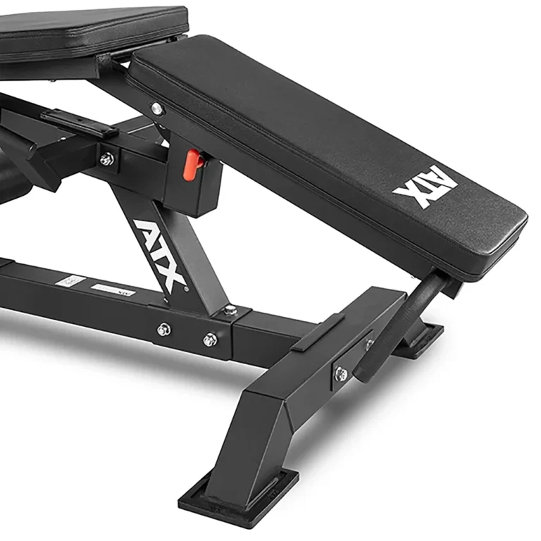 The ATX-branded weight bench has a black padded surface, sturdy metal frame, and adjustment knobs for incline and decline positions, integrating with the ATX Leg Extension Leg Curl Machine. Ideal for home or gym workouts.