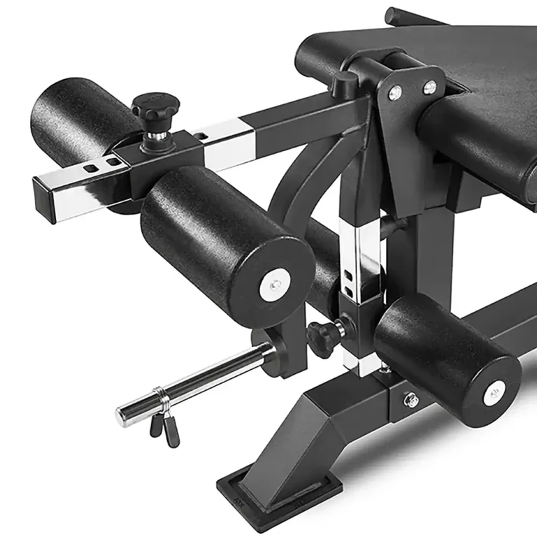 The ATX Leg Extension Leg Curl Machine is a black adjustable weight bench featuring padded leg rollers, metal frame, and an adjustment knob. It supports diverse exercises by offering support and stability during workouts.