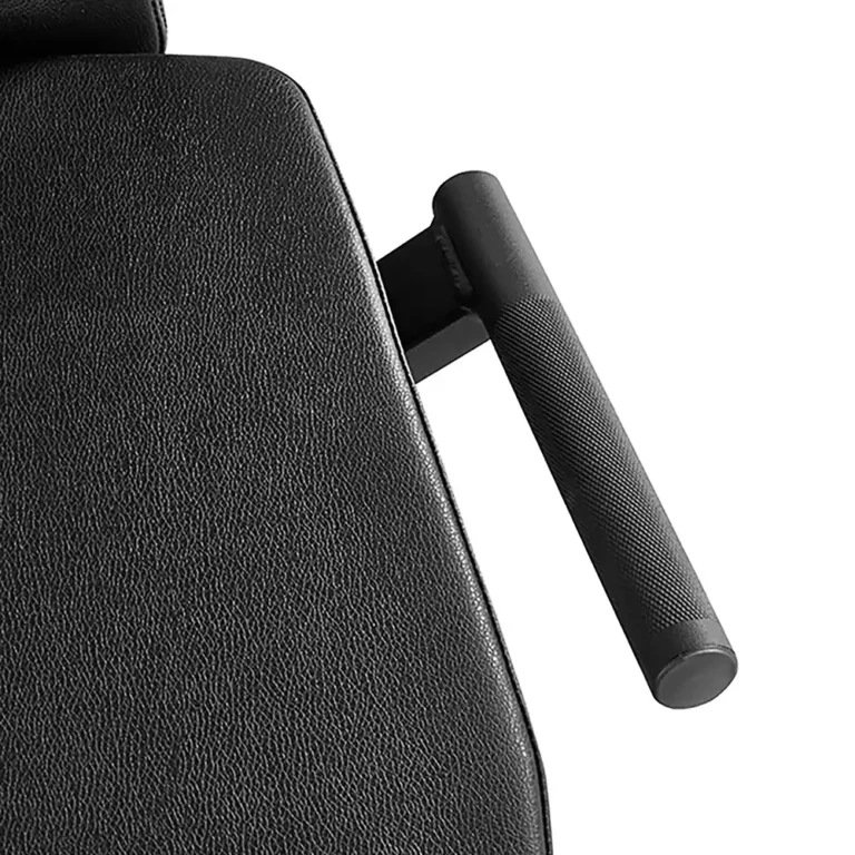 Close-up of a black adjustable workout bench with a textured handle, perfect for the ATX Leg Extension Leg Curl Machine. The padded leather surface ensures comfort, and the image showcases the benchs seating and support features.