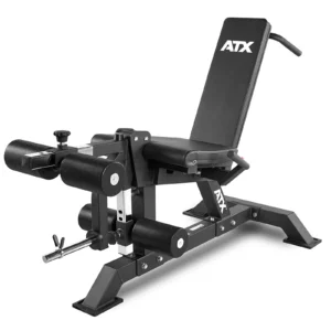 The ATX Leg Extension Leg Curl Machine is an adjustable exercise bench with a padded seat and backrest, designed for versatile strength training.