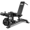 The ATX Leg Extension Leg Curl Machine features an adjustable design with a black padded seat and backrest, sturdy metal frame, and weight plates on one side, ideal for resistance training.