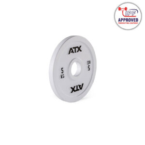 A white 5 kg circular ATX Olympic powerlifting weight plate featuring a logo and YPF Approved Powerlifting Equipment stamp in the top right corner.