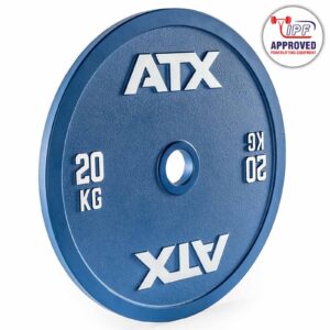 Blue 25 kg ATX® Olympic calibrated powerlifting plate with white text, IPF approved. Displays ATX and weight in kilograms and pounds.