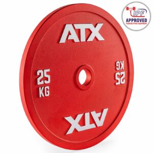 The ATX® Olympic 25kg Calibrated Steel Plate in red, featuring white 25 KG lettering and the IPF approval logo for powerlifting equipment, is showcased.
