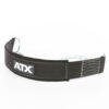 A black ATX® Nylon Dip Belt with stitching details and a metal buckle sits against a white background, its design reminiscent of a durable weightlifting accessory. The ATX logo is prominently displayed on the front.