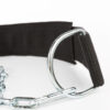 Close-up of an ATX® Nylon Dip Belt featuring a metal chain harness with a black fabric strap. The shiny metal ring links the chain and securely attaches to the stitched strap, set against a neutral white background.