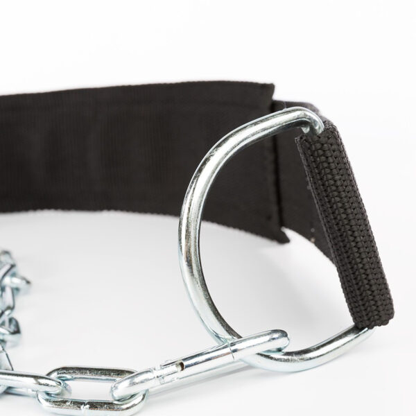Close-up of an ATX® Nylon Dip Belt featuring a metal chain harness with a black fabric strap. The shiny metal ring links the chain and securely attaches to the stitched strap, set against a neutral white background.