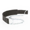 The ATX® Nylon Dip Belt is a black nylon dip belt featuring a sturdy metal chain and large steel rings, ideal for adding weight plates to increase workout resistance. The chain securely attaches to both ends of the belt for safe lifting.